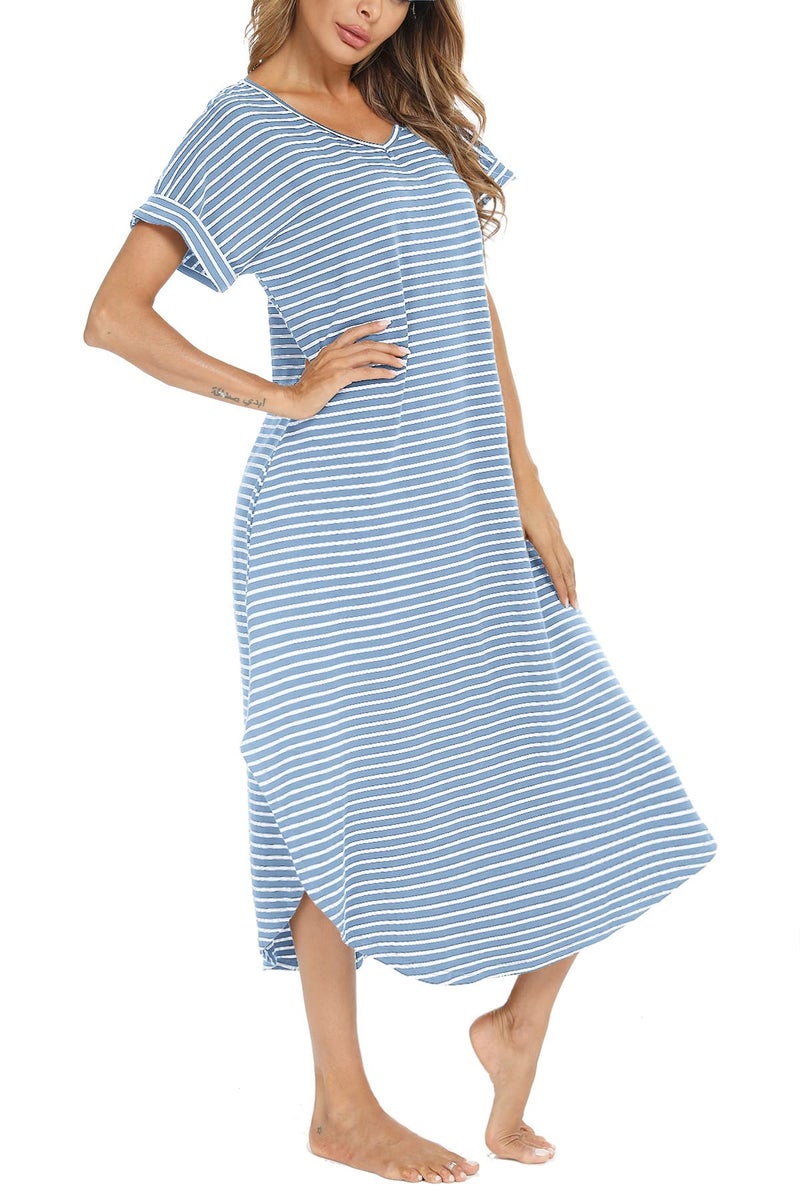 AVIIER Nightgowns for Women Cotton V Neck Sleepwear Short Sleeve Loungewear (Blue While, Small) - Image 2